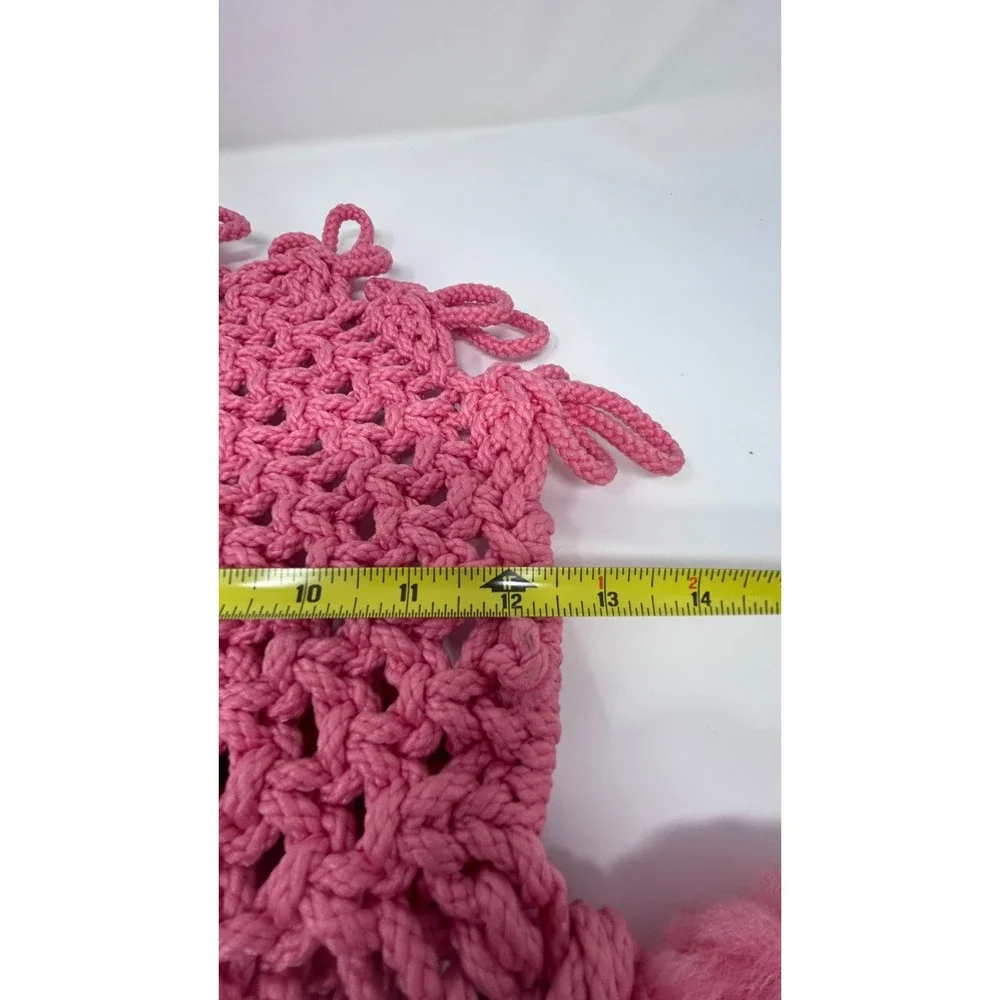 Handmade Pink Macrame Fiber Art Vintage Wall Pocket Hanging Fringe‎ Boho Decor